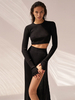 Ensembles Tailleurs Deux Pièces Femme Longue Taille Haute avec Manches Longues à Col Rond Jupe avec Fente Unicolore
