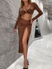 Ensembles Tailleurs Deux Pièces Femme Taille Haute à Col Décolleté en V avec Manches Longues Jupe avec Fente Unicolore