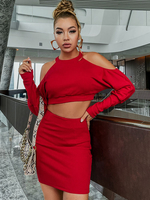 Ensembles Tailleurs Deux Pièces Femme Taille Haute avec Manches Longues à Col Rond avec Epaule Dénudée Jupe Courte Sexy