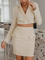 Ensembles Top et Jupe Femmes Carreaux Veste à Col Revers avec Manches Longues Fermeture avec Boutons Taille Haute Jupe Moulant Carreaux Courte