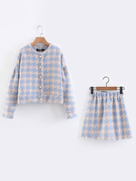 Ensembles Top et Jupe Femmes Imprimé Pieds de Poules Veste à Col Rond avec Manches Longues Jupe courte Bicolores