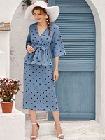 Ensembles Top et Jupe Femmes Imprimés Les Pois Top à Col V avec Manches Mi-longues Volantes Bas Evasée Coupe Cintrée à Lacets Jupes Longues Moulantes Bicolores