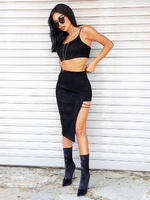Ensembles Top et Jupe Femmes Taille Haute avec Bretelles à Col Décolleté en U sans Manches Jupe Mi-longues Fente Latérale Unicolore Sexy