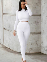 Ensembles Top et Pantalons Femmes Elastique Top Taille Haute à Col Rond avec Manches Longues Pantalons Moulants Unicolore