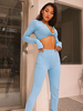 Ensembles Top et Pantalons Femmes Elastique Top Taille Haute à Col V Sexy avec Manches Longues Pantalons Moulants Unicolore