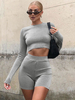 Ensembles Top et Pantalons Femmes Top à Col Rond avec Manches Longues Taille Haute Short Moulant Unicolore