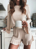 Ensembles Tops et Pantalons Femmes à Col Rond avec Manches Longues Volantes Pantalons Courts Shorts Décontractés Unicolore