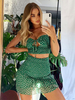 Ensembles Tops et Pantalons Imprimés les Fleurs Femmes en Mousselines avec Bretelles à Col Décolleté en V à Lacets Taille Haute Jupe Bas Evasée Bicolores