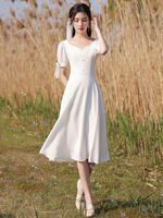 Eric White Soirée Robe A-Line Coulée carrée Demon manches Zipper Stretch Crêpe Tea-Longueur Tea-Longueur Social Fête Robes