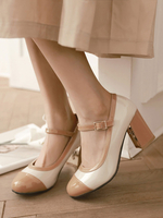 Escarpins à Mary Jane Talons Mi-Hautes à Cuir Synthétique avec Bout Rond Cousu Bicolores avec Boucles