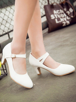 Escarpins à Mary Jane Talons Mi-Hautes à Cuir Synthétique avec Bout Rond Unicolore avec Boucles