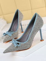 Escarpins à Talons Hautes Fins Femmes à Bout Pointu en Mailles Imprimés Rayures Décors avec Noeud Bicolores