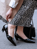 Escarpins à talons mi-bas pour femmes; bout pointu noir; talon épais; escarpins élégants