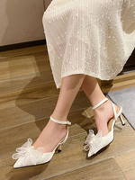 Escarpins à Talons Mi-Hautes Fins Femmes avec Bout Pointu à Cuir Synthétique Décors avec Noeud Unicolore
