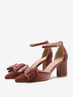 Escarpins À Talons Épais En Velours Avec Nœuds Bout Pointu À Bride Femme