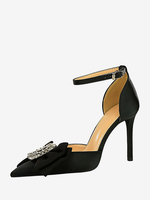 Escarpins Chaussures Femmes Talons Hauts Bride Strass Nœud Élégant Bout Pointu Soie Et Satin