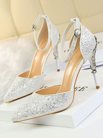Escarpins femme blanche pailletes bout pointu talon haut boucle réglable