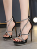 Escarpins femme bout ouvert talon aiguille strass chic noir bride à la cheville talons