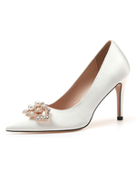 Escarpins femme Escarpins de soirée blanche en satin bout pointu talon haut décoré des perles