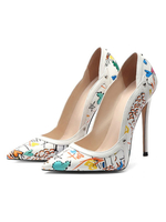 Escarpins femme talon haut bout pointu imprimerie blanche en PU