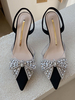 Escarpins Femme Talons Mi-Bas Lacets Strass Bout Pointu Talon Aiguille Soirée Formel Noir