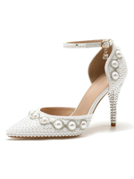 Escarpins mariée blanche en PU décorés des perles talon haut boucle métal réglable