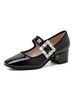 Escarpins mi-bas pour femme strass talon épais bout carré pompe en cuir verni noir talons mary jane