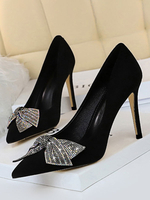 Escarpins pour femmes Bout pointu Talon aiguille Nœuds Noir Paillettes Strass Chaussures à talons hauts