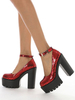 Escarpins rouges bout rond talon épais en cuir PU chaussures de soirée à bride à la cheville chaussures de soirée