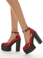Escarpins rouges bout rond talon épais en cuir PU chaussures de soirée à bride à la cheville chaussures de soirée