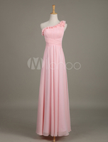Fard à joues de demoiselle d’honneur robe une épaule fleur mousseline froncée une ligne Maxi Wedding Party Dress