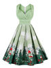 Fascinante robe vintage verte rétro motif de noël plissée encolure en coeur croisé avant de Noël