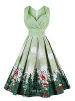 Fascinante robe vintage verte rétro motif de noël plissée encolure en coeur croisé avant de Noël