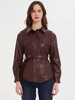 Faux cuir chemise Jackt bordeaux PU col rabattu bouton ceinture décontractée printemps automne rue vêtements dextérieur pour les femmes