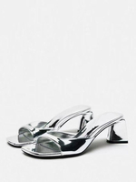Femme Bout Ouvert Cuir PU Talon Chunky Slide Sandales Argent