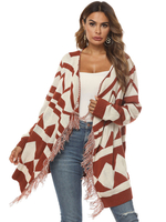Femme Pull Cardigans Orange Rouge Plaid Fringe manches longues surdimensionnée Cardigan