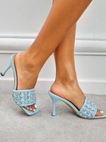 Femme Strass À Enfiler Talon Aiguille Mules Cuir PU Bleu Ciel Clair
