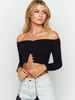 Femme Top Sexy Noir Épaule Nu T-Shirt Court Boutonnage à Manches Longues