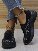 Femmes Baskets Chaussures Noir Tissu Élastique Bout Rond Strass Chaussures Plates