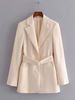 Femmes Blazers Ecru Blanc Col Rabattu Manches Longues Vestes Décontractées Avec Ceinture