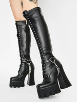 Femmes Boot Chaînes Chunky Heel Round Toe Boots-Haute Bottes