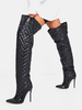 Femmes Bottes Hautes Artwork Bout Pointu Talon Aiguille Vernis PU Noir Cuissardes