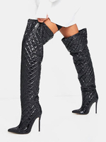 Femmes Bottes Hautes Artwork Bout Pointu Talon Aiguille Vernis PU Noir Cuissardes