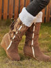 Femmes Bottes Kaki Talon Compensé Bout Rond En Cuir Daim Bottes Mi-mollet À Lacets