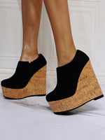Femmes Bottes Micro Suede Upper Noir Peep Toe Talons Compensés