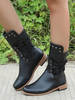 Femmes Bottes Rivets Bout Rond Talon Plat En Cuir PU Bottines Noires