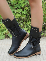 Femmes Bottes Rivets Bout Rond Talon Plat En Cuir PU Bottines Noires