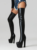 Femmes bottes sexy bout rond talon épais"idien décontracté PU noir cuissardes bottes sur les bottes au genou