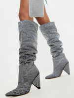 Femmes Bottes Strass Talon En Forme Spéciale Bout Pointu Gris Bottes Hautes