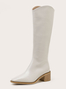 Femmes Bottes Talon Chunky Bout Carré Fermeture Éclair Blanche Bottes Au Genou En Cuir PU